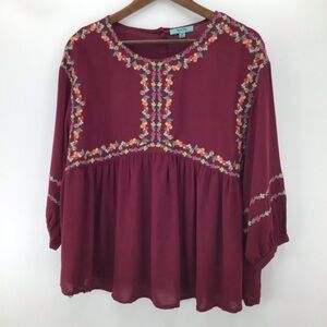 Women's Floral Embroidered Boho Blouse - Burgundy